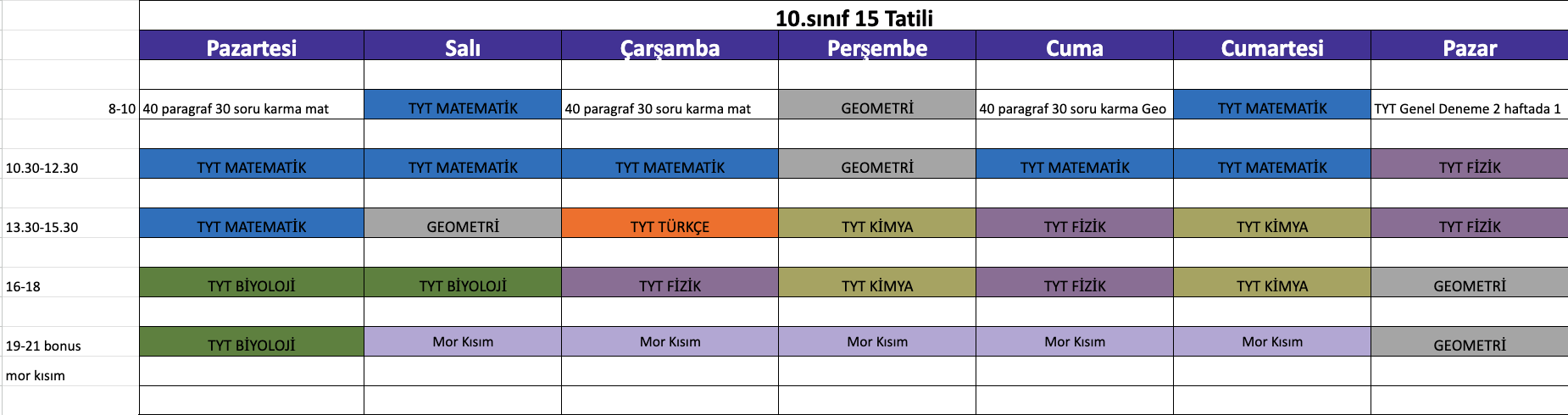 9 ve 10. Sınıf 15 Tatil Örnek Programı