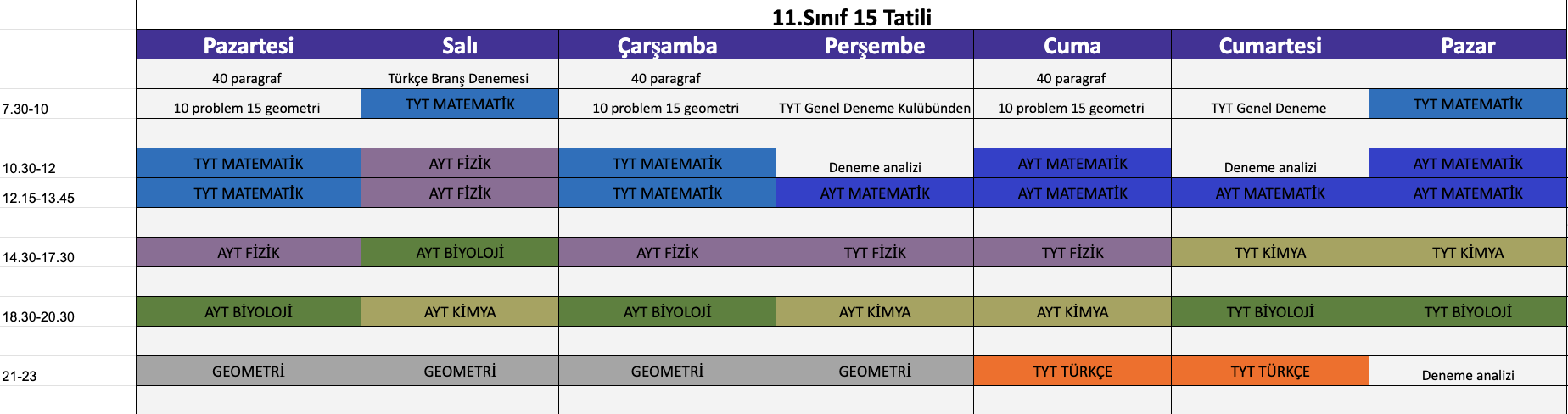 11. Sınıf 15 Tatil Örnek Çalışma Programı